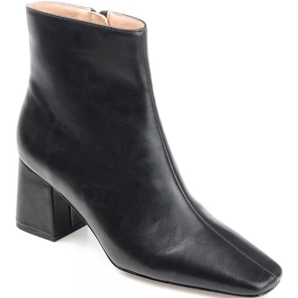 Slim Square Toe Black Vegan Leather Booties Block Heel